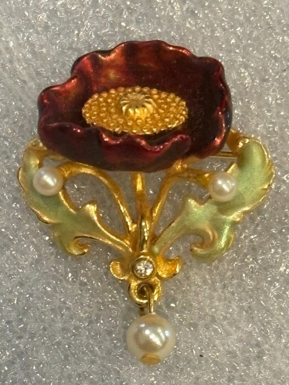 Vintage Joan Rivers Poppy Flower Brooch Enamel Pearl Rhinestone